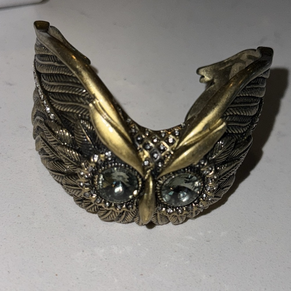 fossil brass owl face cuff bracelet chunky steampunk rhinestone eyes gothic